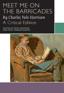 Cover of Meet Me on the Barricades by Charles Yale Harrison. The cover is red and black, and shows a man playing an oboe while he sits on top of a pile of rubble in a city.
