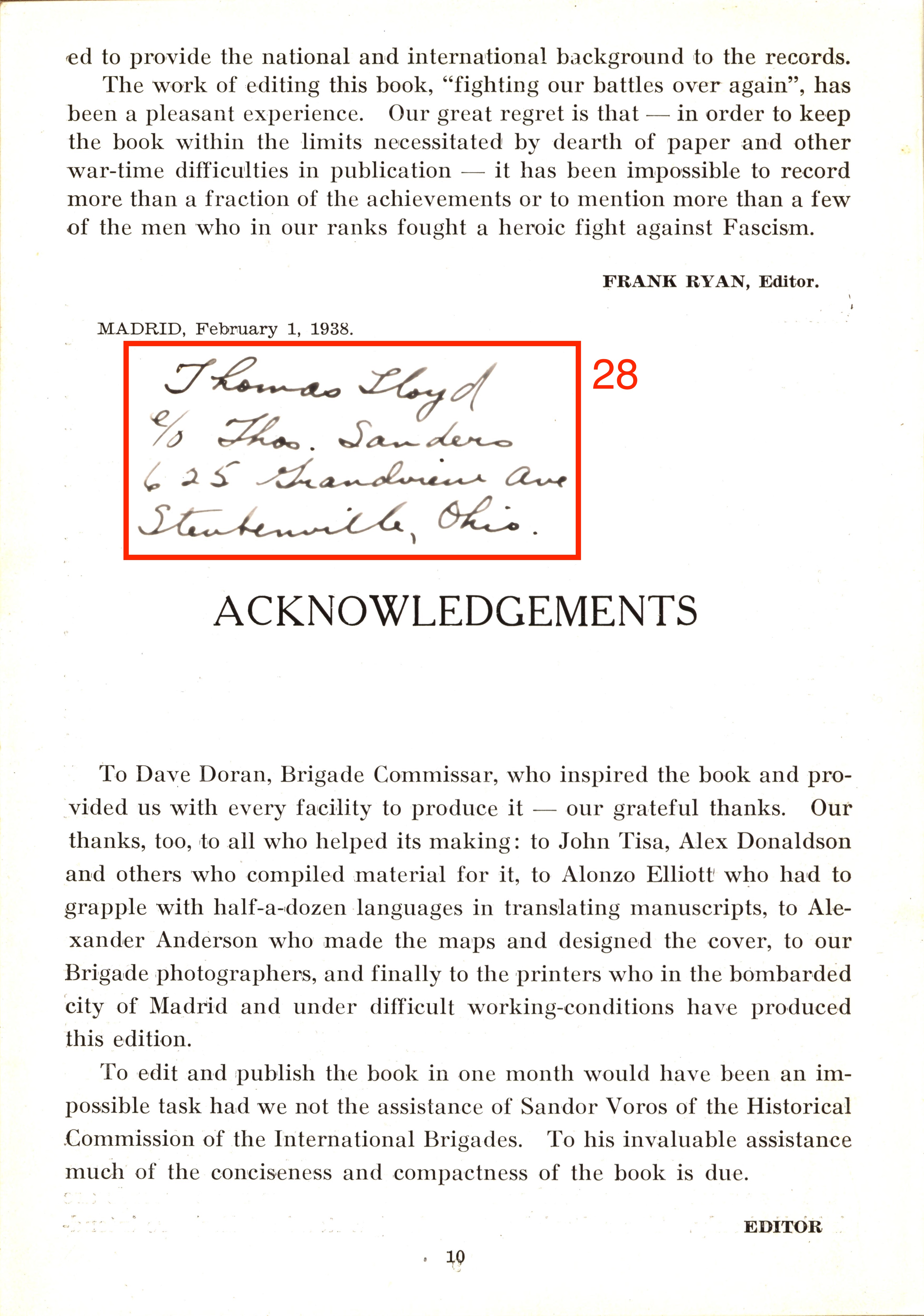 Acknowledgements page of the Book of the XV Brigade, with signatures circled