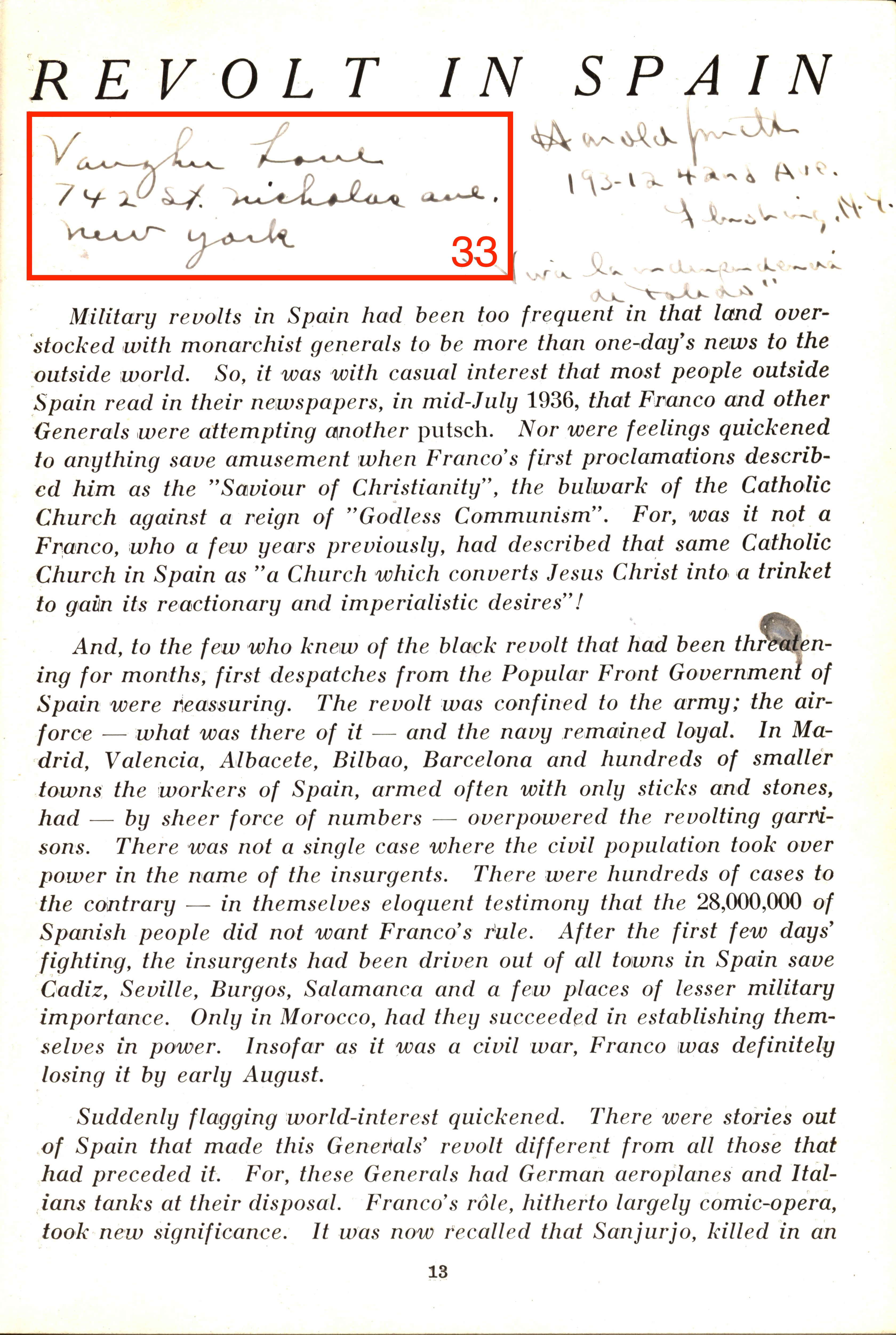 Page 13, titled "Revolt in Spain," with signatures circled