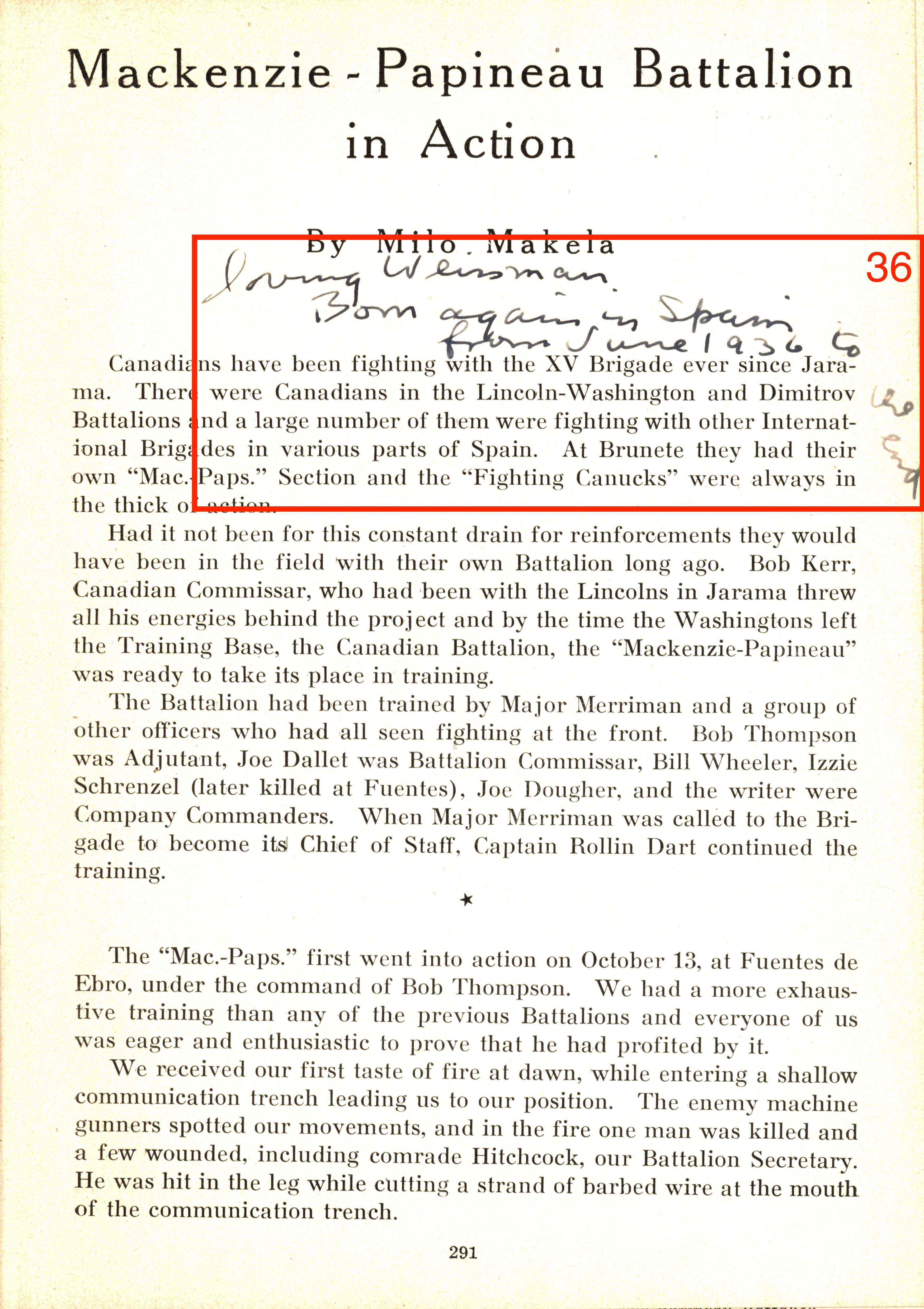Page 291, titled "Mackenzie Papineau Battalion in Action," with signatures circled